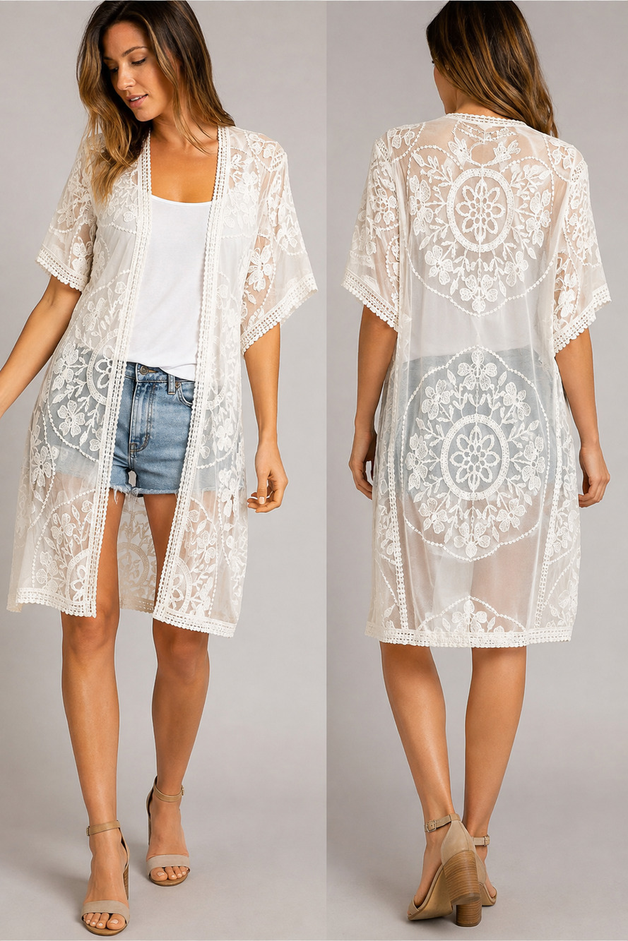 Rebellion Again Women’s M Ivory Lace Kimono Cardigan Sheer Embroidered Boho